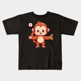 Cute Monkey Holding Banana Cartoon Kids T-Shirt